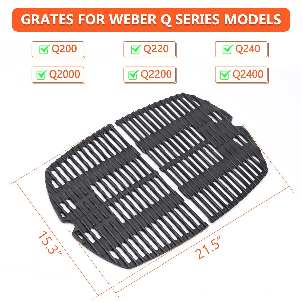 QuliMetal Griglie di cottura in ghisa 7645 per griglie a gas Weber serie Q200, Q220, Q2000, Q2400, per Weber 396000, 396001, ricambio per Weber 7645 65811 69935, confezione da 2