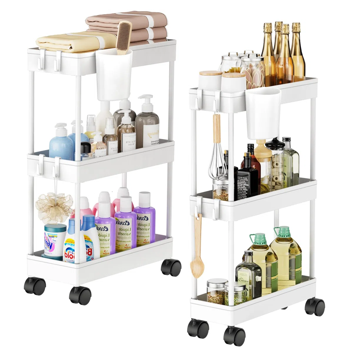 Shirvee 2 PCS Carrello con Ruote a 3 Ripiani Mobile Rotelle Salvaspazio Storage Rack Bagno Cucina per Portavivande Portafrutta (Bianco)