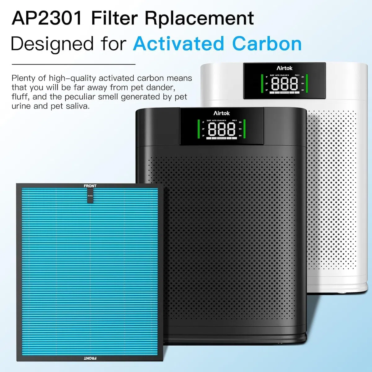 Filtro di ricambio HEPA adatto al purificatore d'aria AP2301 Airtok, carbone attivo ad alta efficienza, rimuove polline, polvere, forfora di animali e altri allergeni