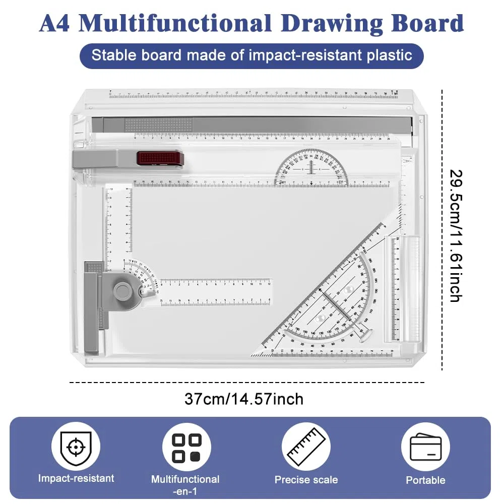 Tavolo da Disegno A4, 37X30cm Multifunzionale Tavolo da Disegno con Goniometro Localizzatore Carta Righello Scorrevole Tavolo da Disegno Metrico Multifunzione per Lavori Professionali
