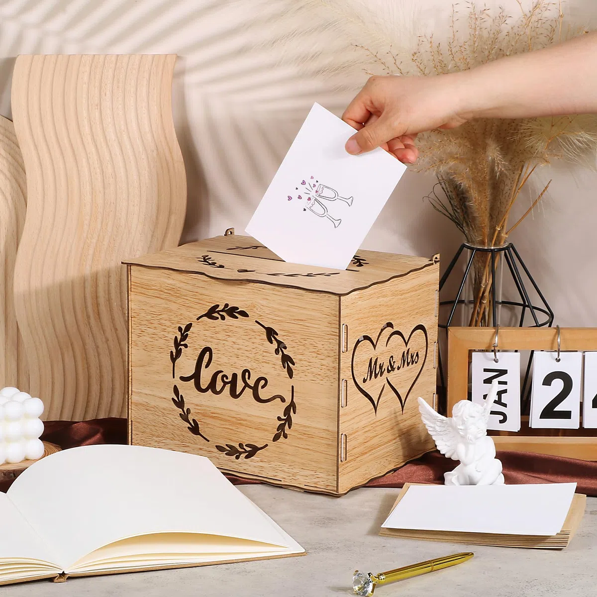 BOFUNX Scatola di Carte di Nozze in Legno Scatola per Biglietti di Nozze per Regalo Matrimonio Compleanno Baby Shower Laurea Anniversario Ricevimento