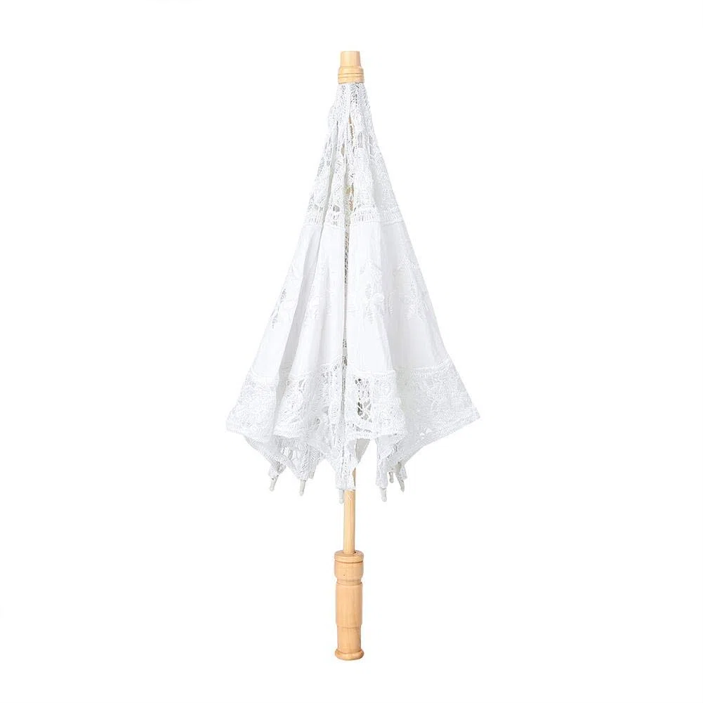 Zerodis Ombrello da Sposa in Pizzo, Parasole Decorativo Fatto a Mano, Manico in Legno, Bianco