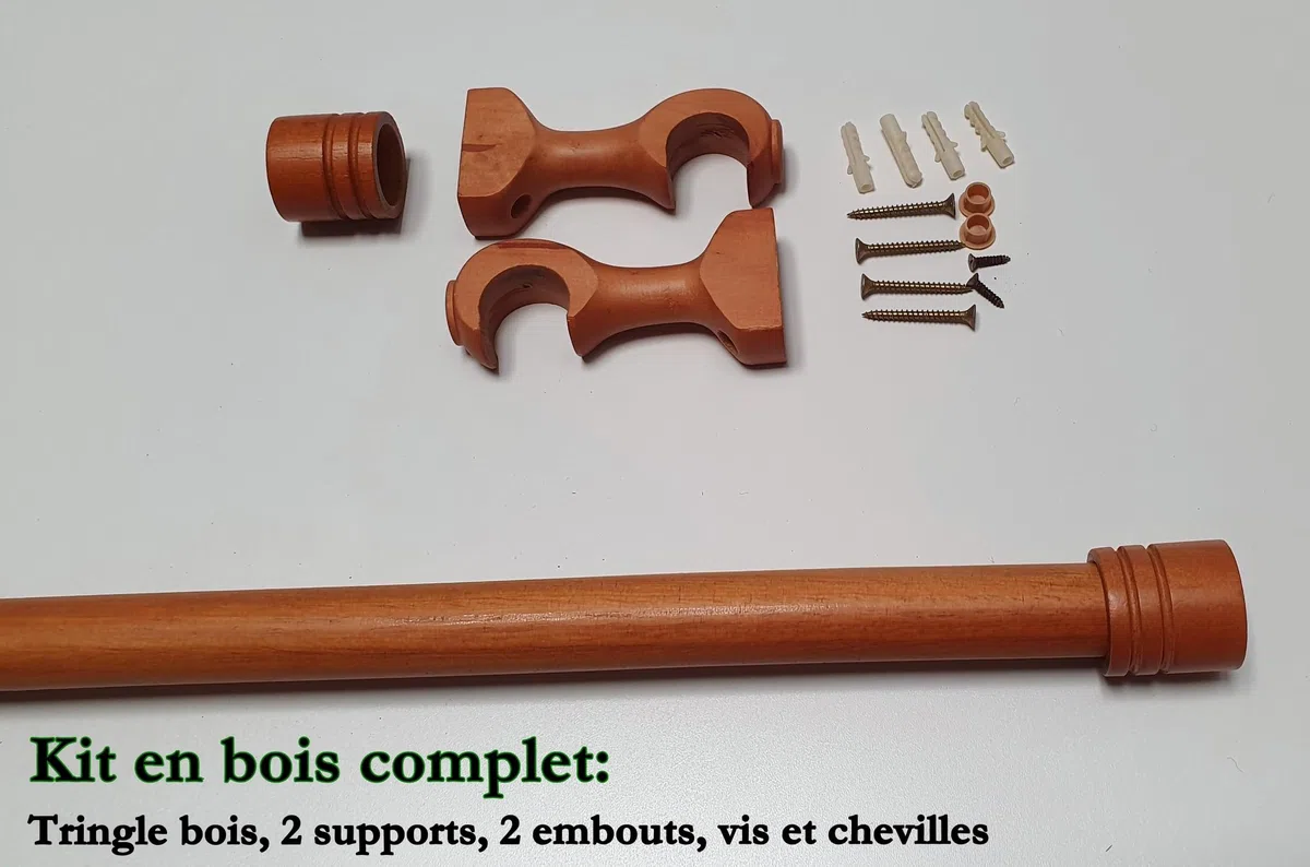 MadeInNature Bastone per tende in legno, diametro 28 mm, kit asta per tende completo con punte e staffe, lunghezza e colori a scelta (ciliegio, punta tappo, lunghezza 1,40 m)