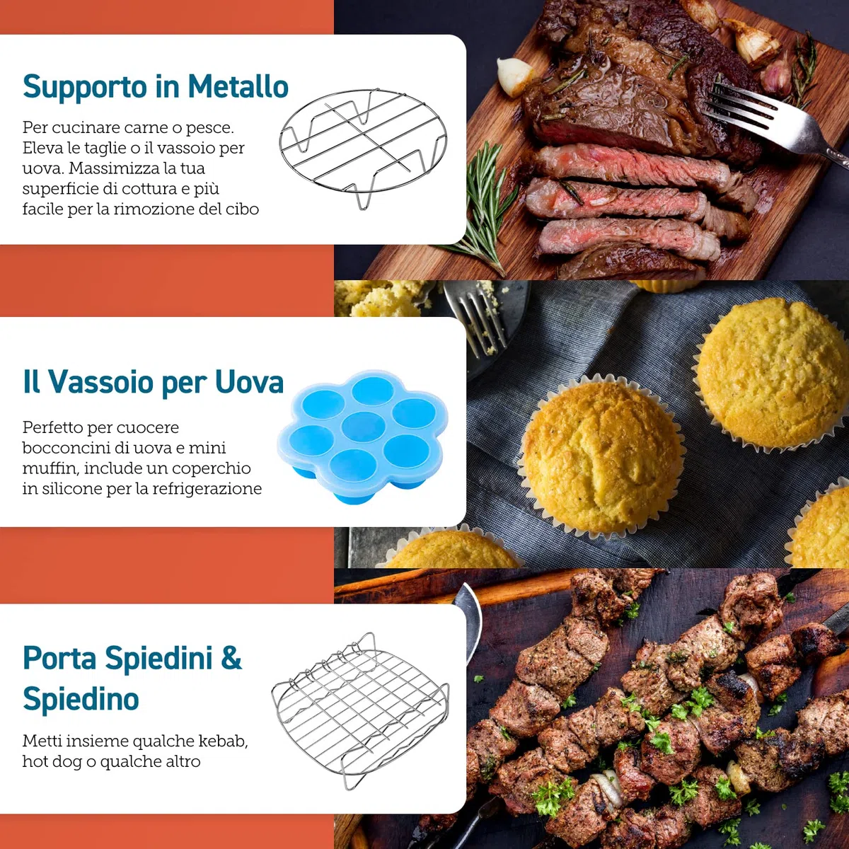 COSORI Accessori Friggitrice ad Aria 5,5L, 6 Pezzi Accessori Airfryer Senza BPA, Supporto in Metallo, Il Vassoio per Uova, Porta Spiedini, Scatola per Torte,Tappetino in Silicone, Teglia per Pizza
