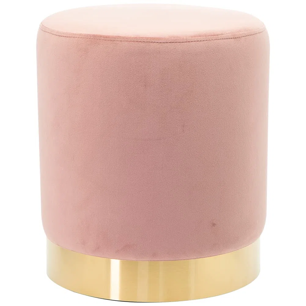 Shally Dogan Pouf in Velluto con Base in Metallo e Struttura in MDF, Design Moderno, Poggiapiedi Forma Cilindrica, Sgabello Tondo con Seduta Imbottita Morbida, Arredamento Interno (Rosa)