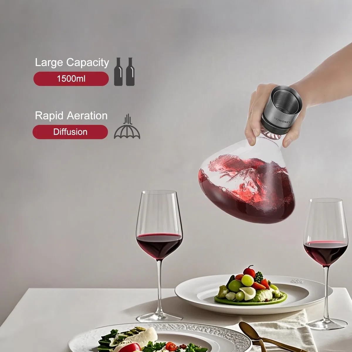 Decanter per vino, caraffa vino con filtro aeratore in vetro, aeratore per vini a design montagna innevata, regalo per vino, 1500ml