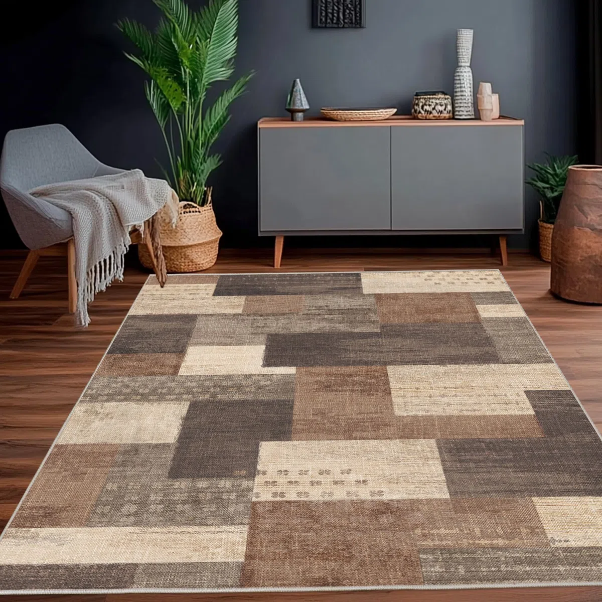 Tappeto moderno geometrico patchwork per interni e soggiorno, antracite, 80 x 150 cm, grandi tappeti, collezione Rockwood, decorazione per camera da letto, grigio, morbido, pelo corto