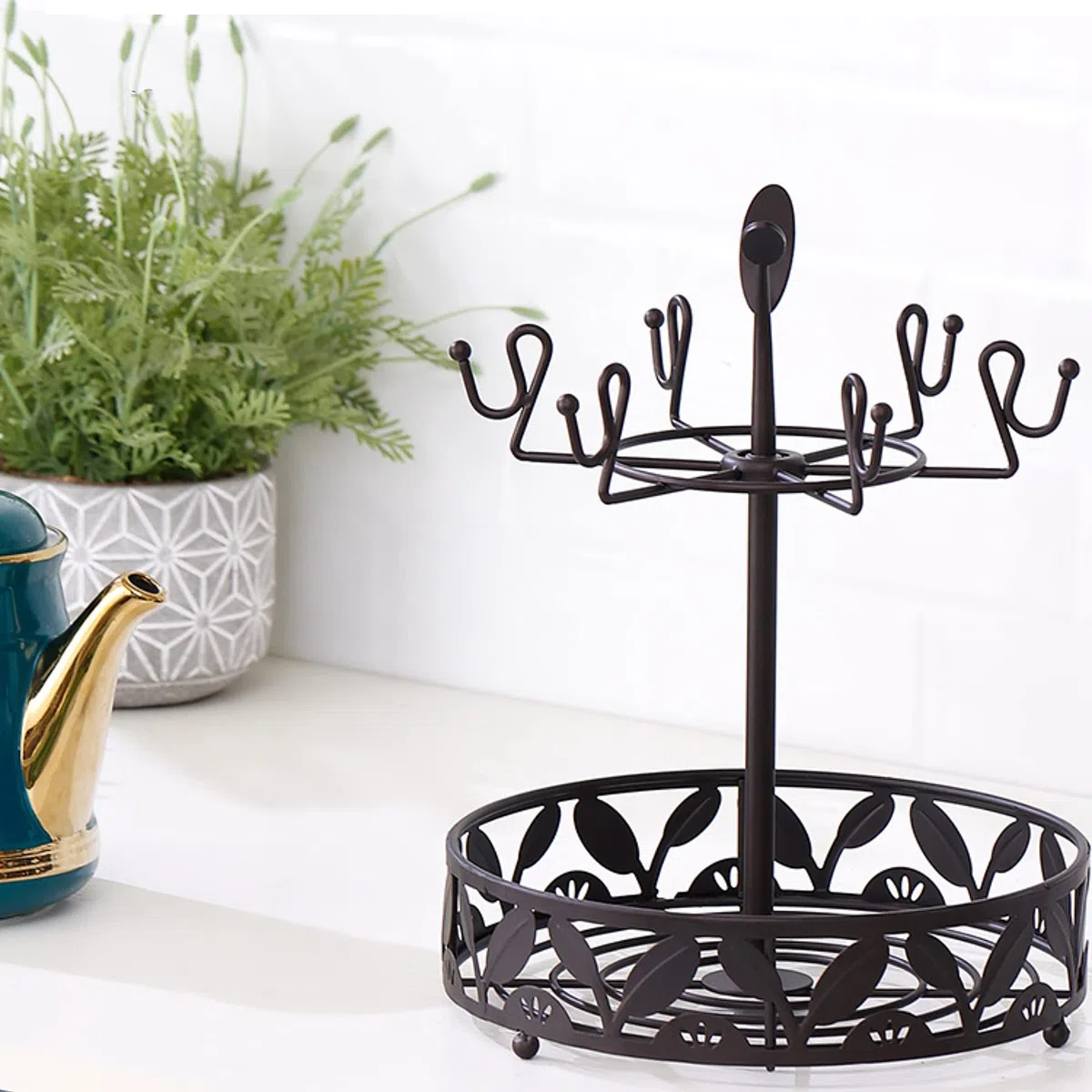 Porta tazze da caffè con contenitore per cialde di caffè, albero porta tazze girevole a 6 capacità, accessorio per bancone caffè e organizzatore da cucina