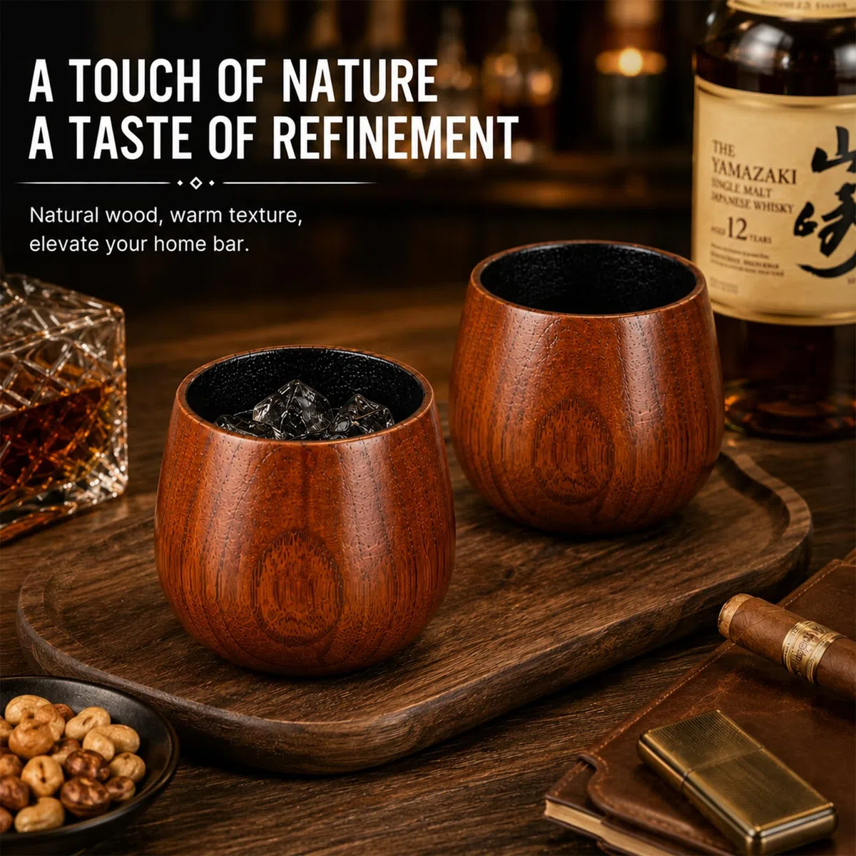 Bicchieri per Whisky in Legno, Confezione da 2 Bicchieri Old Fashioned con Interno Carbonizzato per Ammorbidire il Gusto, Calici per Bourbon e Rum, Design Ampio per Esaltare l’Aroma