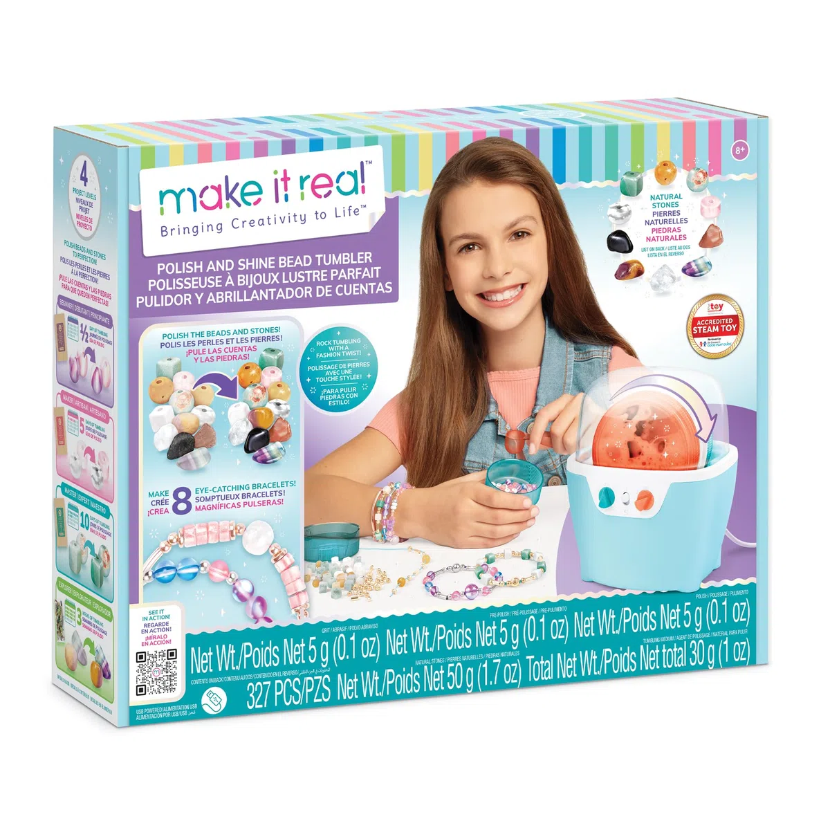 Make It Real Gioielli dalla Natura Lucidatrice e Levigatrice di Pietre e Perline per Gioielli | Kit Creativo con 327 Pezzi per Creare Braccialetti | Gioco Educativo e Artistico per Bambini 8+