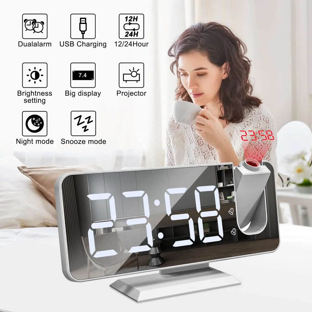 Sveglia con Proiettore, Schermo a LED a Specchio da 7.5", 4 Luminosità, Doppio Allarme con Porta USB, Sveglia Digitale con Proiettore ultra trasparente (Bianco con Adattatore)