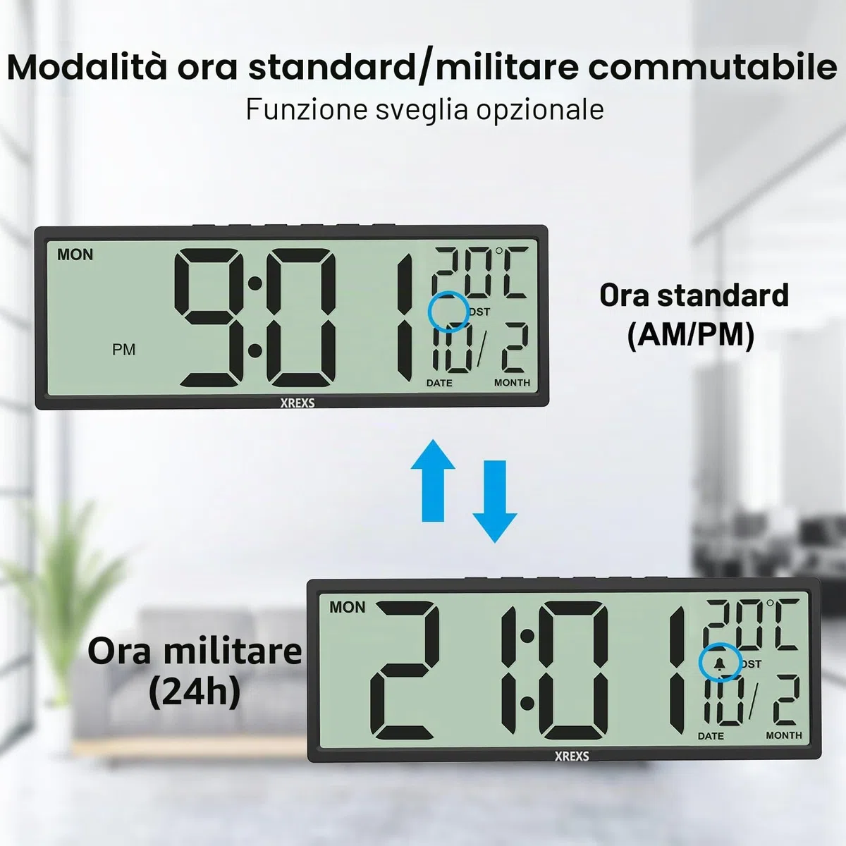 XREXS Orologio Digitale da Parete da 14,5 pollici, Valendario, Temperatura, Funzione DST, Gunzionamento a Batteria, per Vamera da Letto, Doggiorno, Sula, Ufficio (Nero)