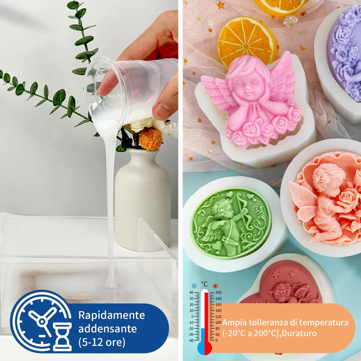 Silicone per Stampi 20A,1,25KG Trasparente Silicone Liquido Mescolamento 1:1 Rapida Cura Gomma Siliconica per Stampi,DIY Sapone Artigianale,Candele,Stampi per Resina