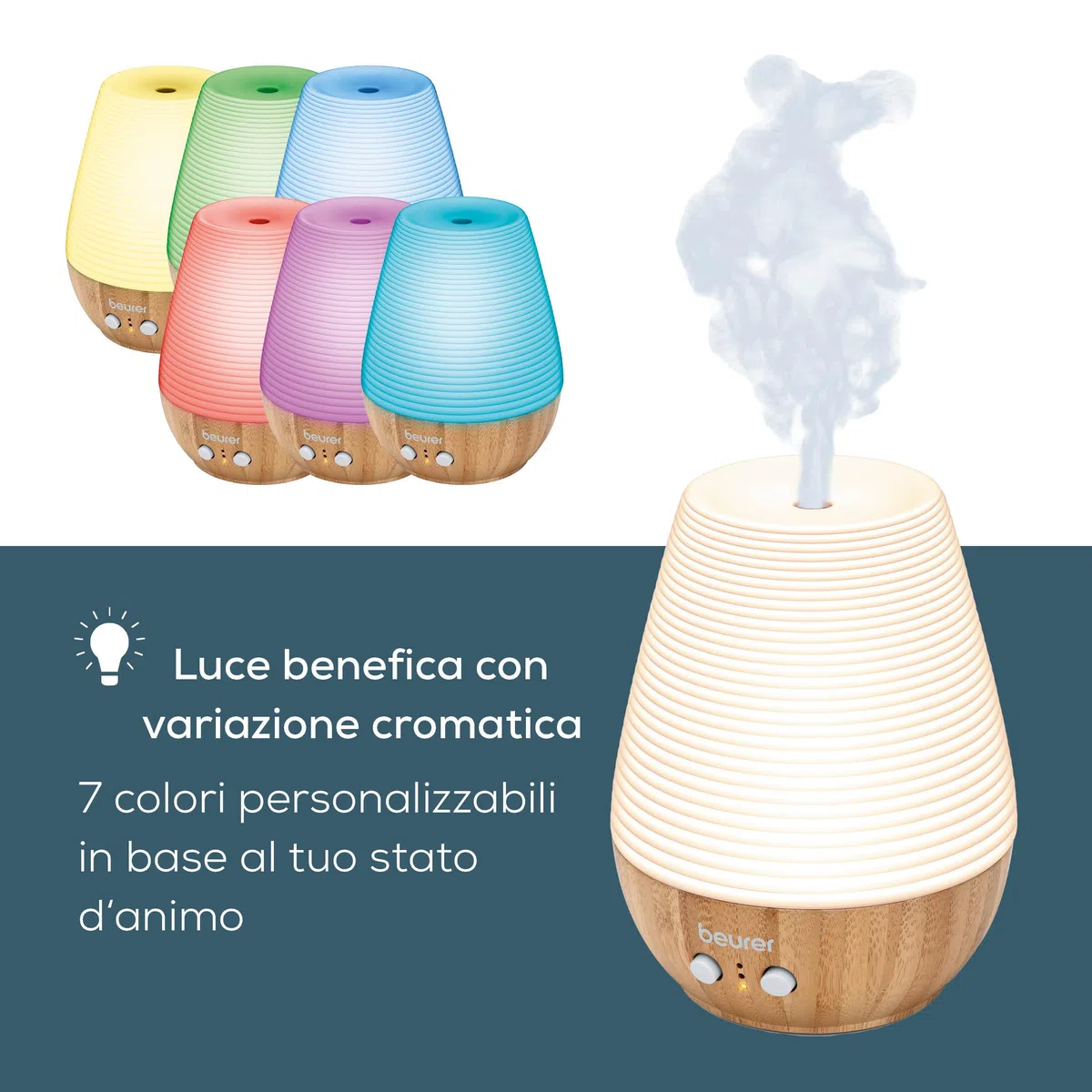 Beurer LA 40 Diffusore Aromatico Ultrasuoni con LED Colorato 7 Colori, Bambù Porcellana, Timer 1-3-7h, 180ml, Silenzioso 12W, Aromi Idrosolubili, Ambienti fino 20m², con Spegnimento Automatico