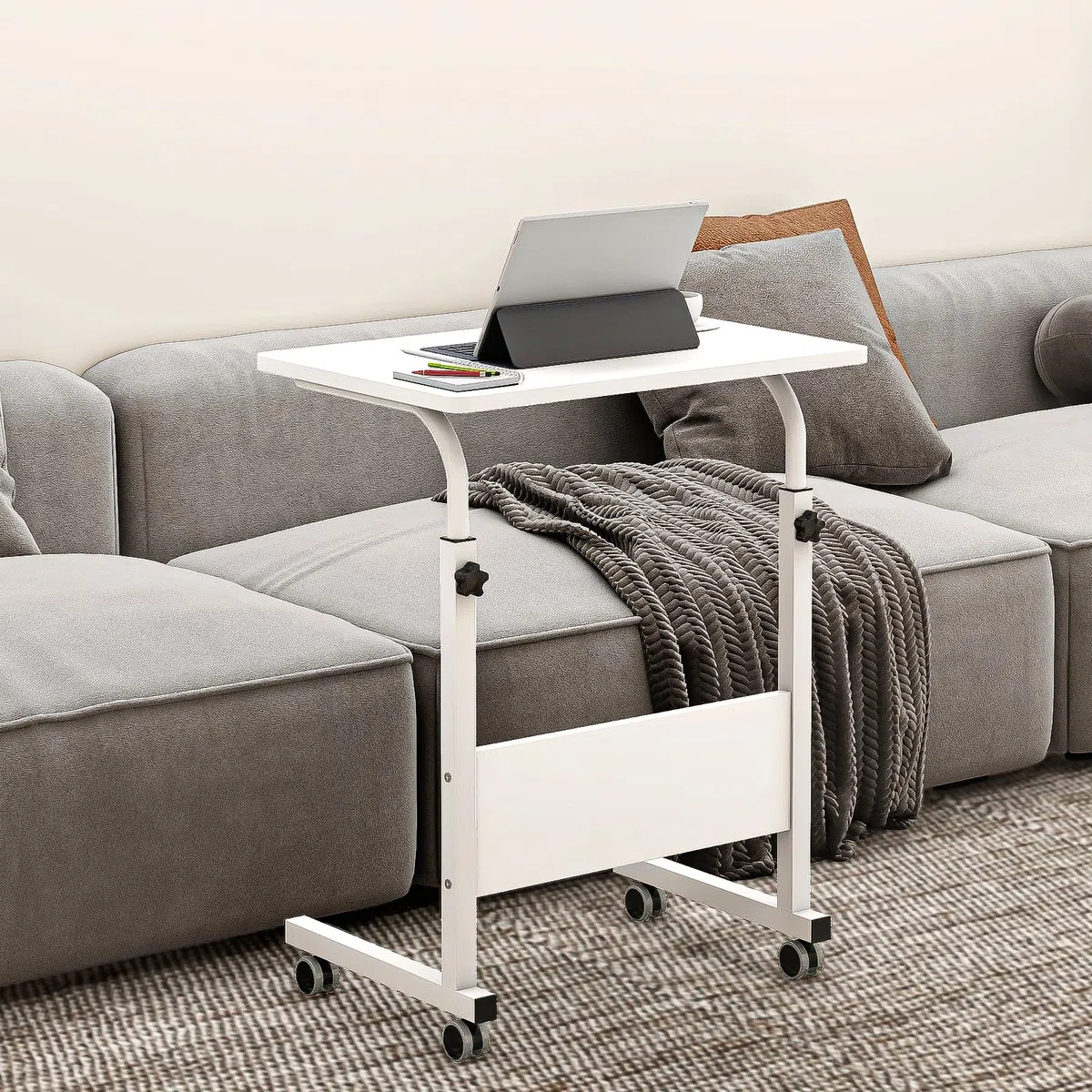 sogesfurniture Tavolo per computer portatile regolabile in altezza, con ruote, tavolino mobile per la cura del letto e del divano, 60 x 40 x 71-90 cm, bianco