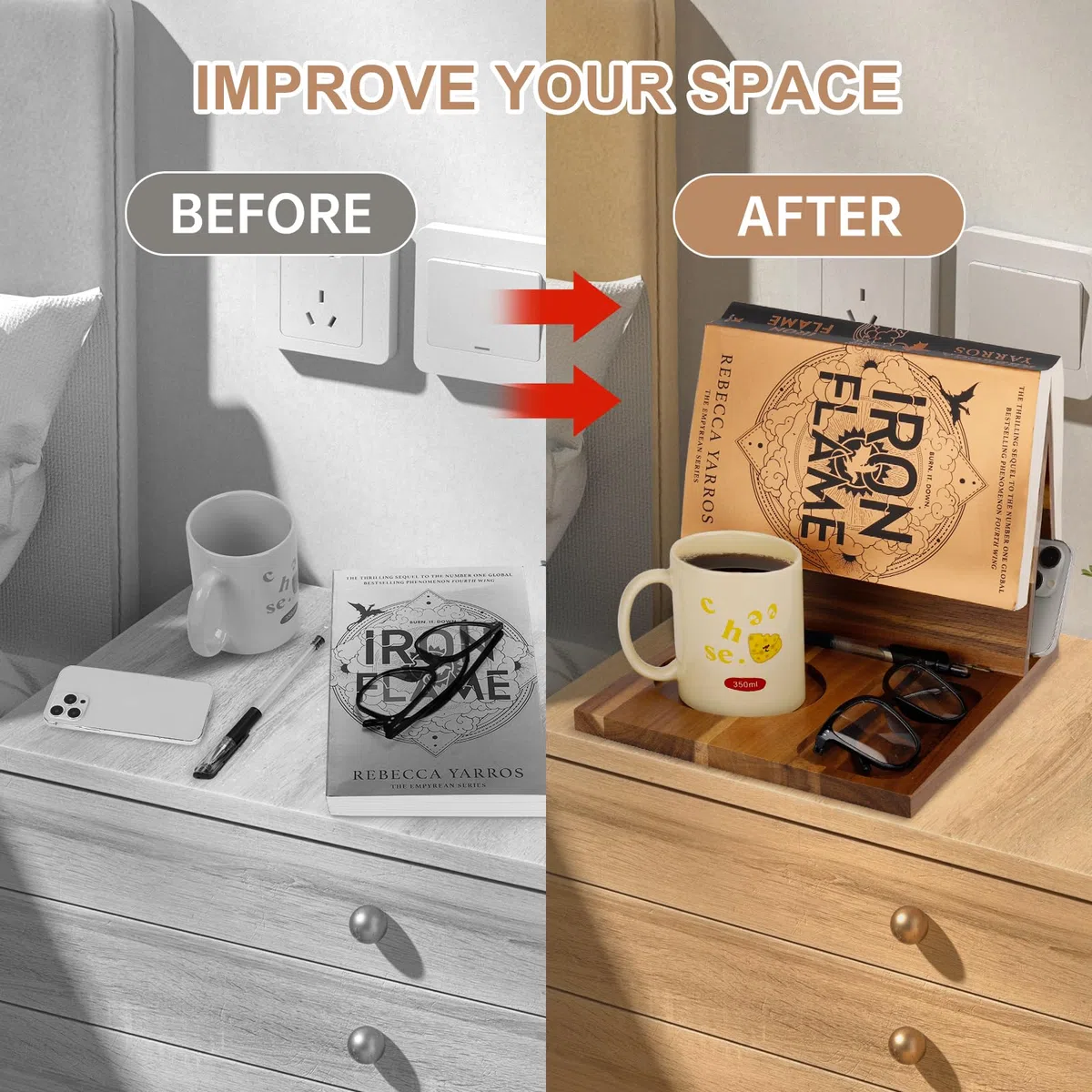 Supporto per libri in legno per appoggiare le pagine, unico servizio di lettura con tazza, occhiali e portapenne, idee regalo per gli amanti dei libri