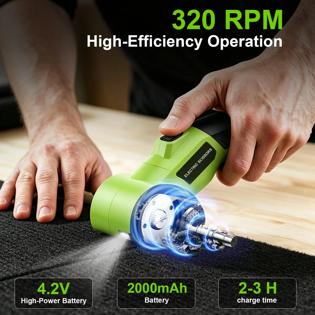 Taglierina Elettrica Rotante 4V, Forbici Elettriche Ricaricabili con Lama Autoaffilante e LED – Per Tessuti, Cucito, Pelle, Moquette, Cartone, Plastica – Idea Regalo Fai da Te, Atelier (Verde)