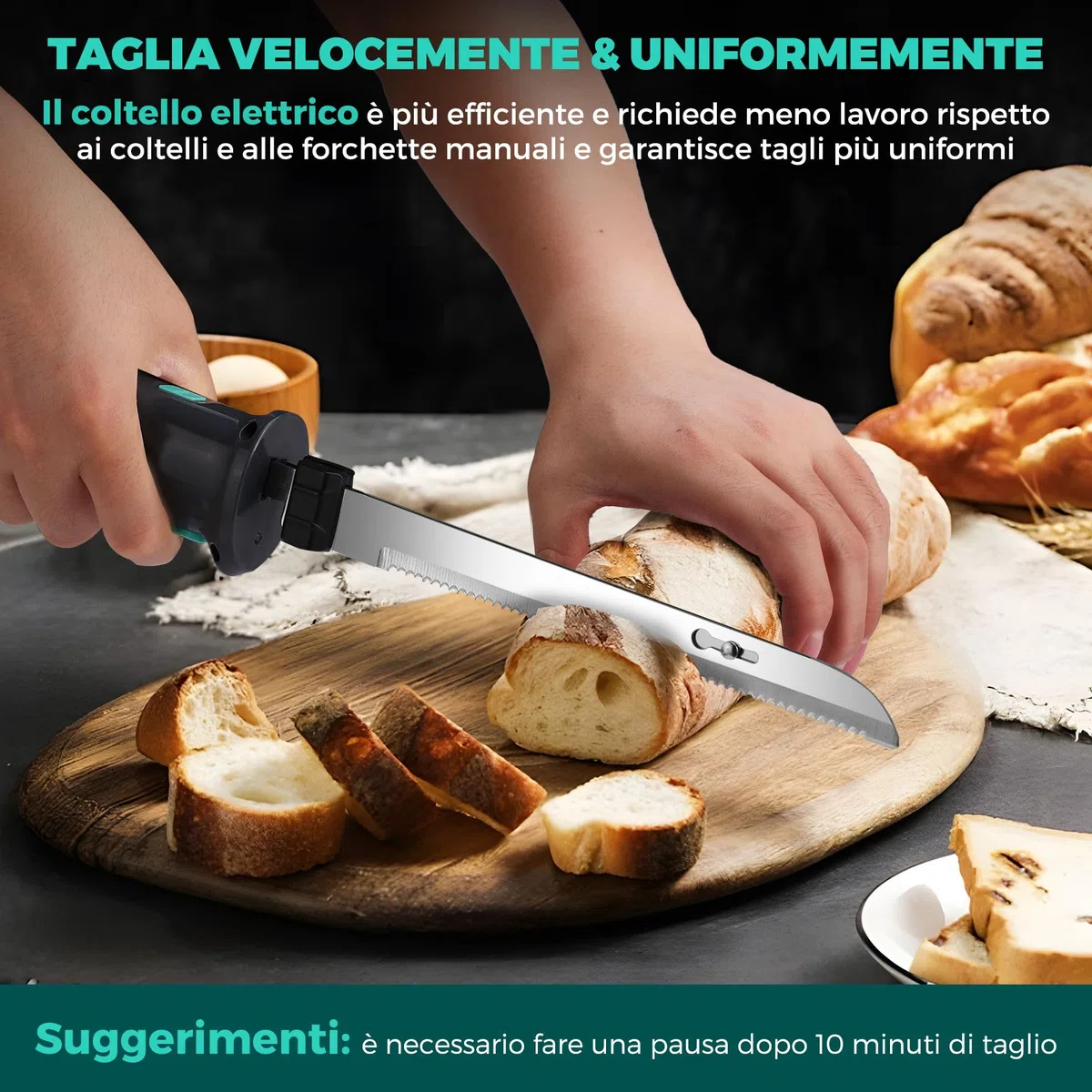 HAUSHOF Coltello Elettrico a Batteria con Coltello da Pane 18cm, Coltello da Bistecca 20cm e Forchetta, Coltello da Cucina Batteria 2000mAh, Ideale per Affettare Cotolette, Pane, Formaggio - Nero