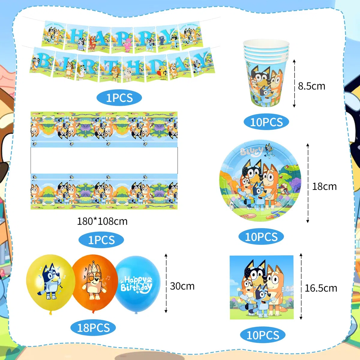 Bluey Decorazioni per Feste di Compleanno, 60 Pezzi Set di Stoviglie per Festa di Compleanno Bluey, Inclusi Tovaglia, Piatti, Tazze, Striscione, Palloncini, Tovaglioli