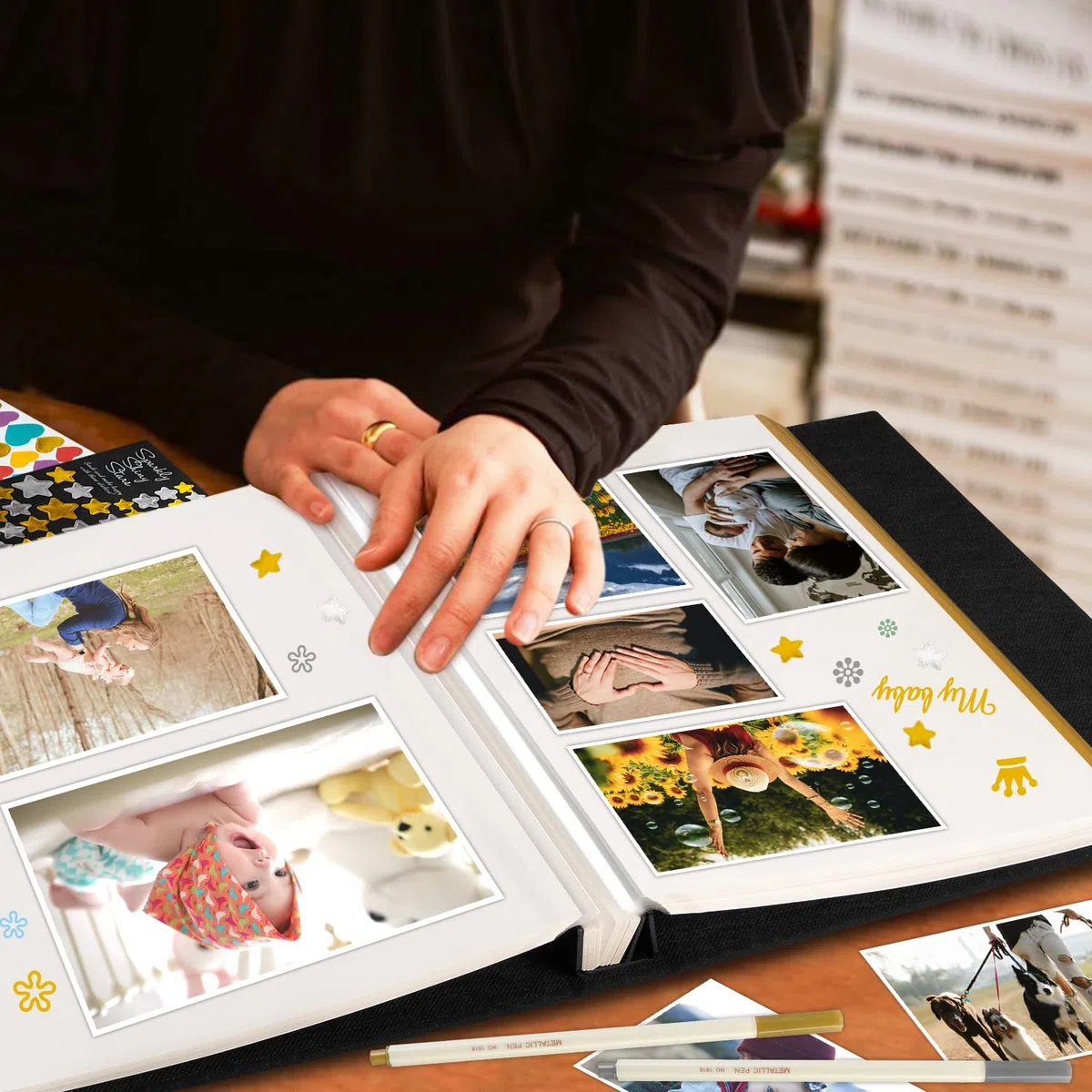 Lanpn Album fotografico autoadesivo per album di foto in lino, pagine magnetiche appiccicose, contiene diverse dimensioni 10x15cm 13x18cm immagini A4 A5 (40 fogli grandi / 80 pagine, blu)