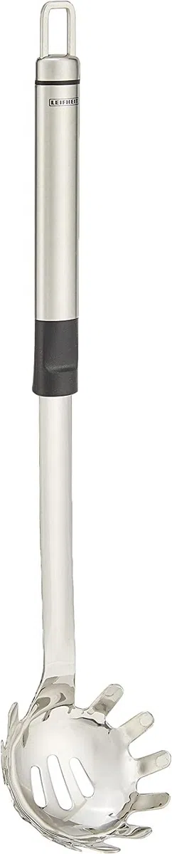Leifheit cucchiaio per spaghetti ProLine, mestolo per pasta in acciaio inox e plastica di alta qualità, con manico ovale ergonomico e pratico gancio per appendere, colore argento
