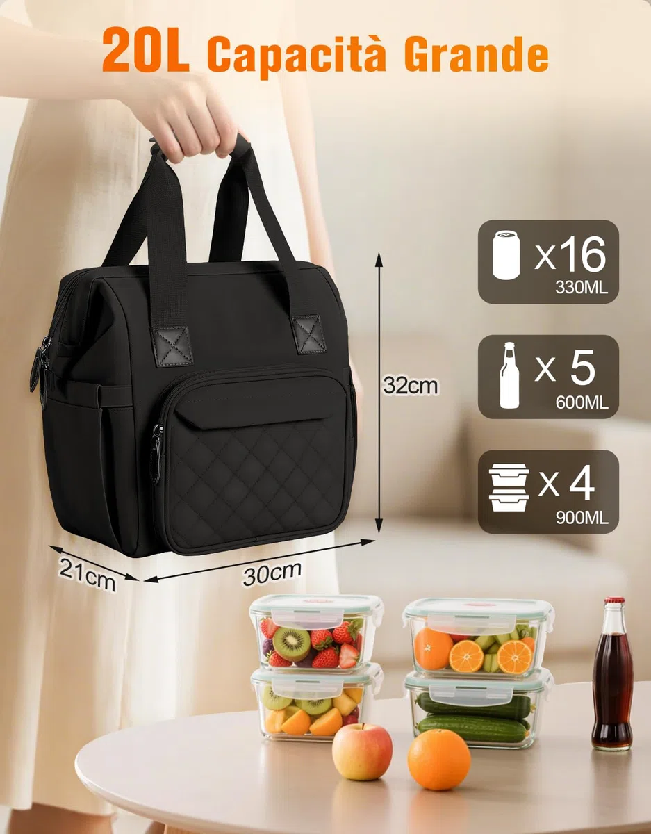 ISEYOU Borsa Termica Porta Pranzo 20L, Borsa Frigo Fodera Anti-Perdite & Ampia Apertura, Riutilizzabile Borse Termica Portatile Multitasche, con Tracolla Regolabile per Lavoro, Ufficio, Picnic, Viaggi