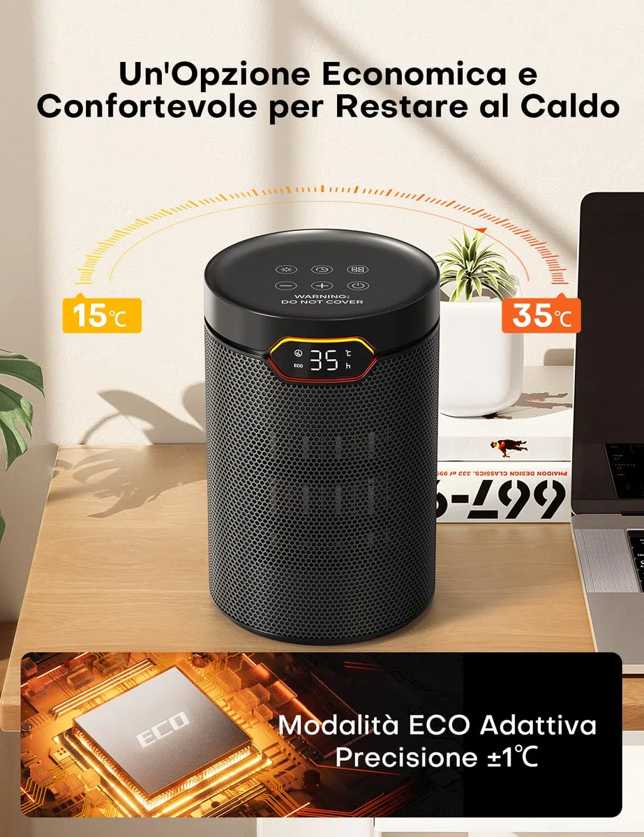 QEXREED Stufetta Elettrica Basso Consumo, 1500W, PTC, Modalità ECO & Breeze, 4 Modalità di Calore, Timer 24H, Termostato, Telecomando, Protezione da Ribaltamento e Surriscaldamento per Casa, Ufficio