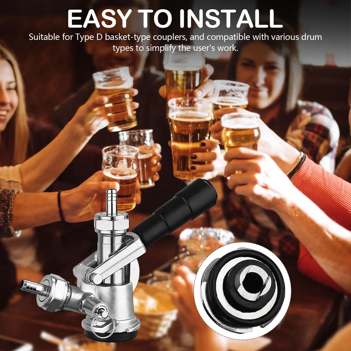 Testa di Spillatura per Fusto, Accoppiatore Keg Tipo D G5/8 con Valvola di Sicurezza Rubinetto in Acciaio Inox 304 per Sistema di Spillatura Connettore Compatibile con Birra Vino