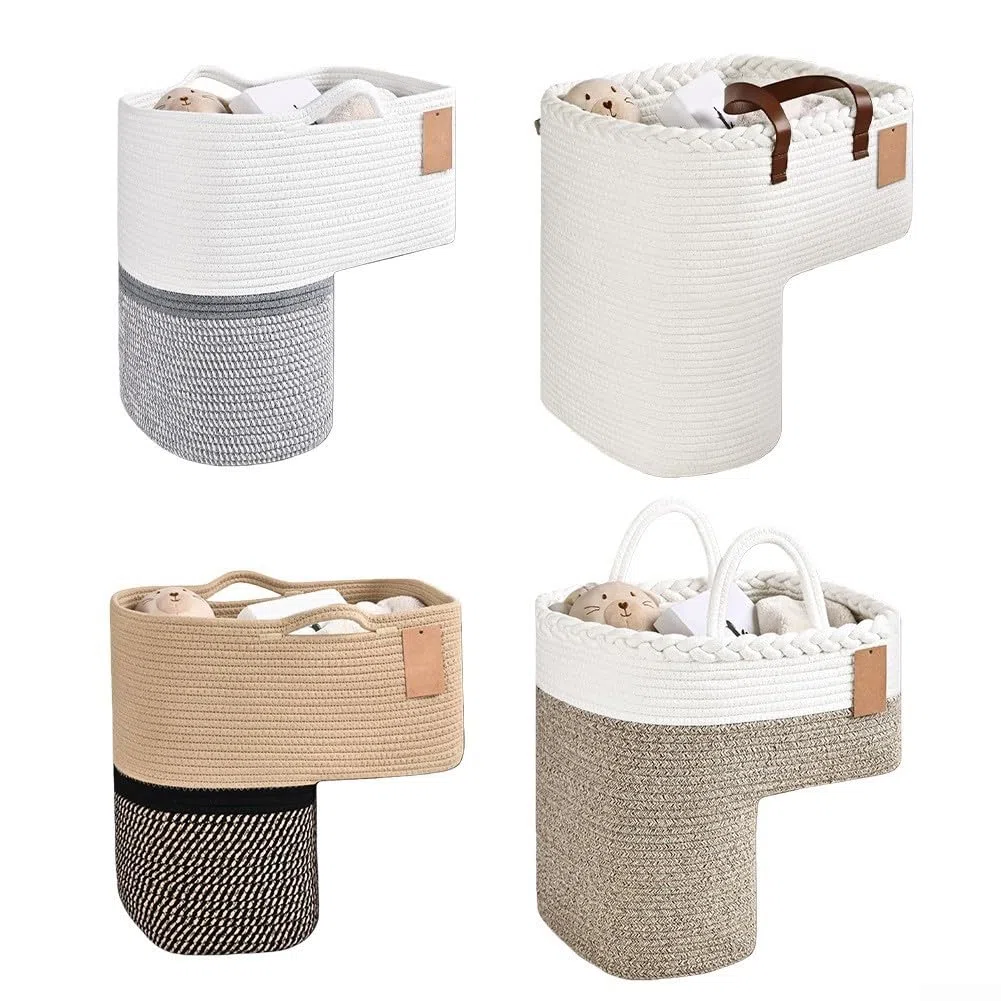 Cestino per scale in tessuto di lino con manici, organizer per giocattoli, libri, telefoni su gradini in moquette, soluzione elegante per la casa in colore neutro (A)