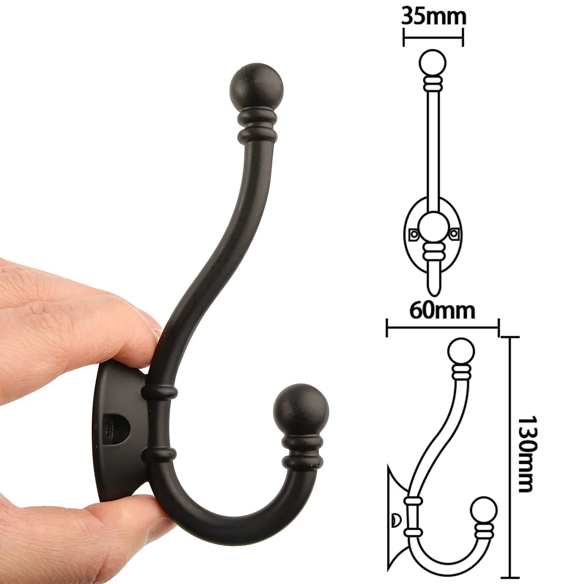 HASWARE 6 ganci appendiabiti a doppia punta, con 12 viti ganci a parete ganci appendiabiti grandi e resistenti per cappotti, cappelli, appendiabiti, chiavi, asciugamano (nero opaco)