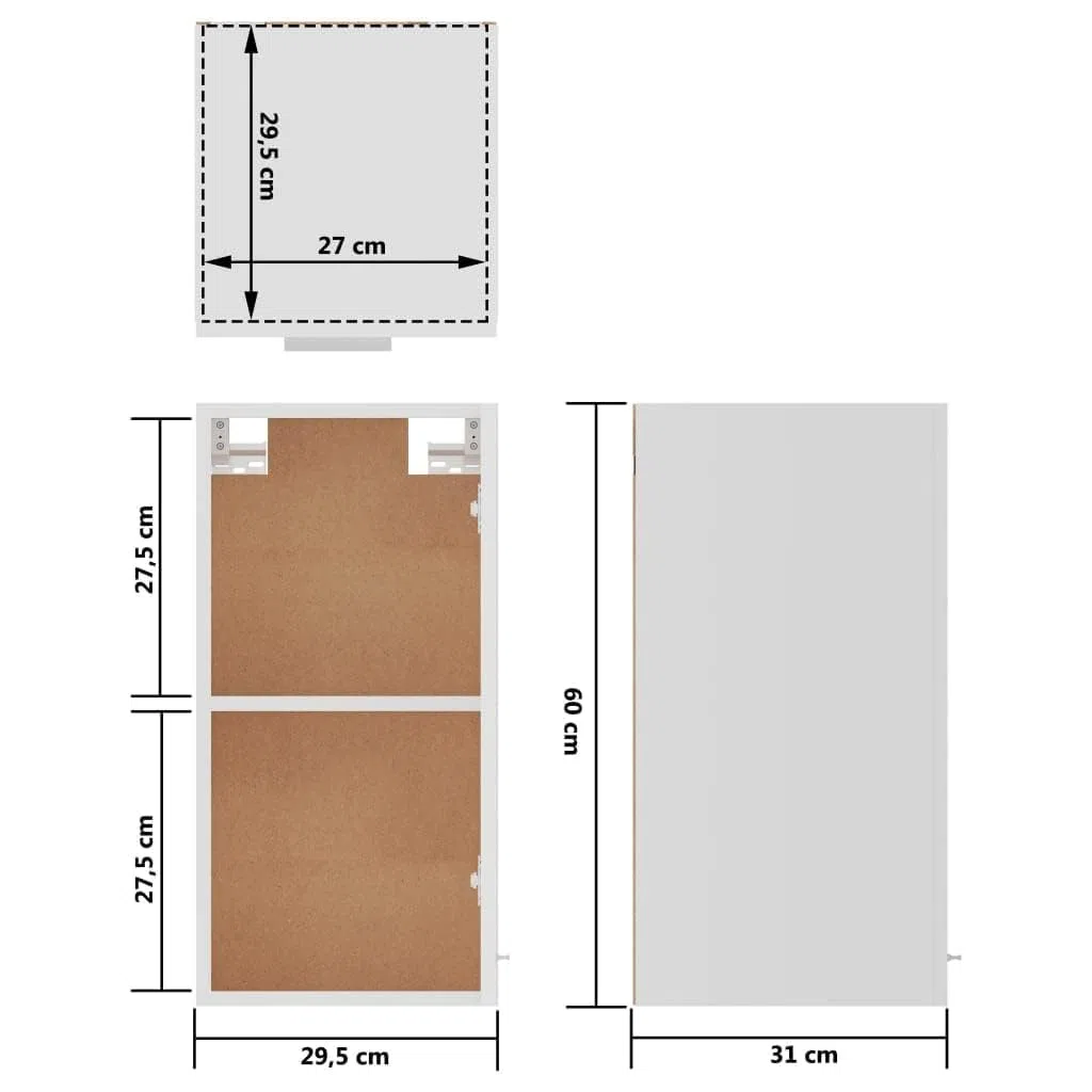 vidaXL Mobile sospeso Lyon, 29,5x31x60 cm, Legno ingegnerizzato, Bianco, Contenitore da parete, Bagno & Cucina, Portata massima 60 kg