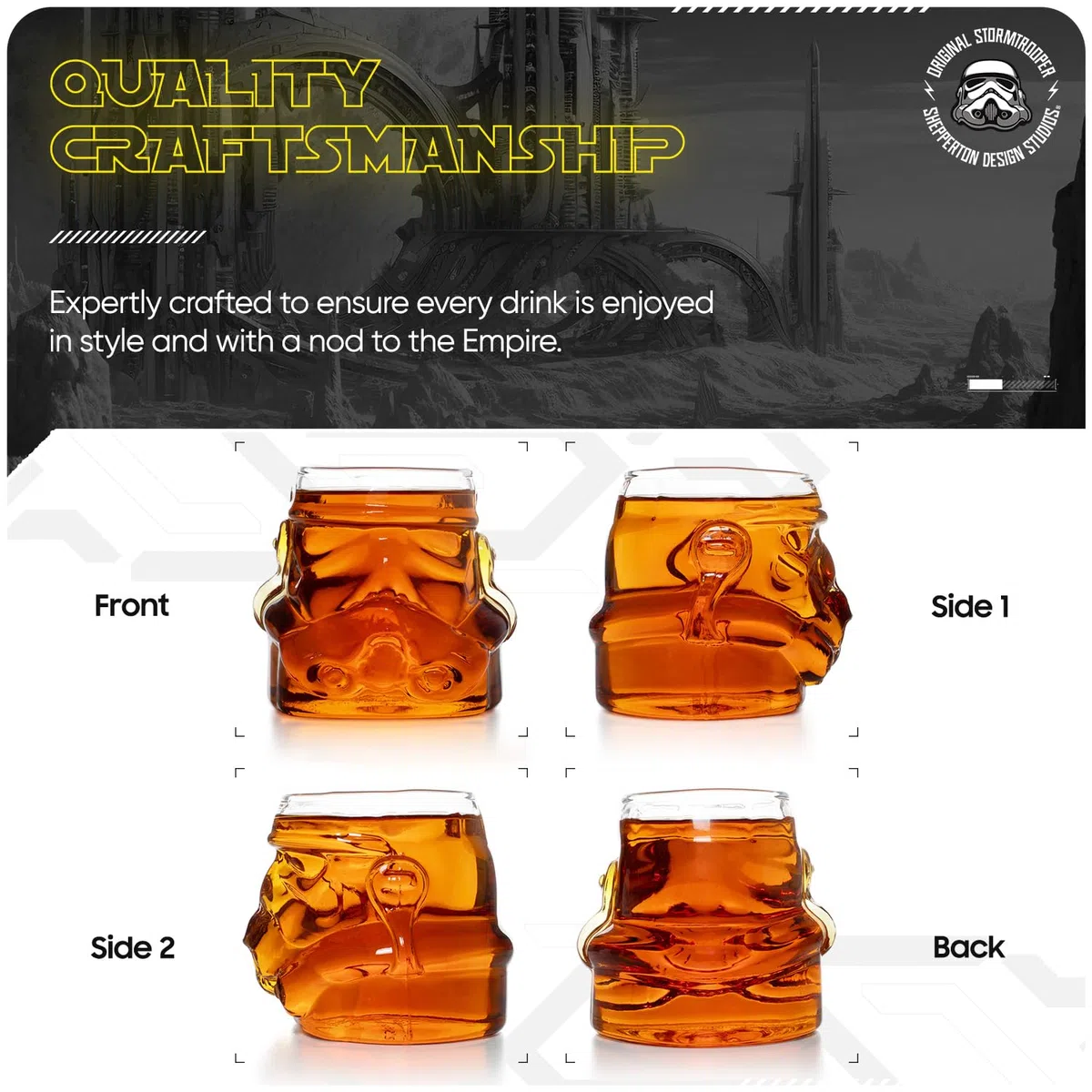 ThumbsUp! Set di 2 bicchieri da whisky originali a forma di casco Stormtrooper trasparenti, per whisky, bourbon, scotch e gin, 300 ml ciascuno, set regalo perfetto per uomo