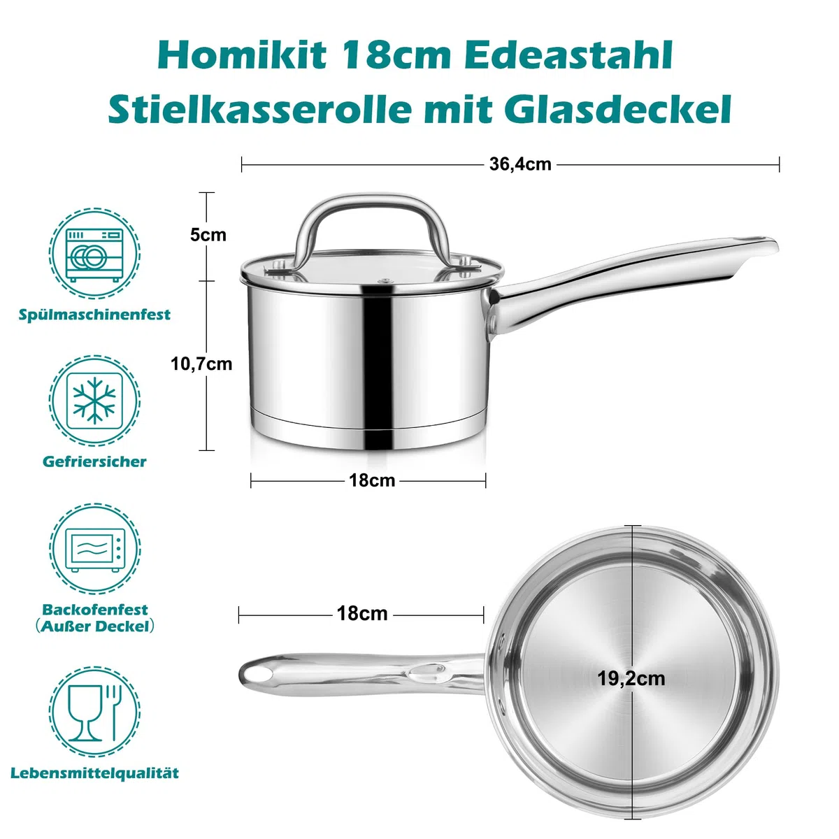 Homikit Casseruola da 18 cm, in acciaio inox