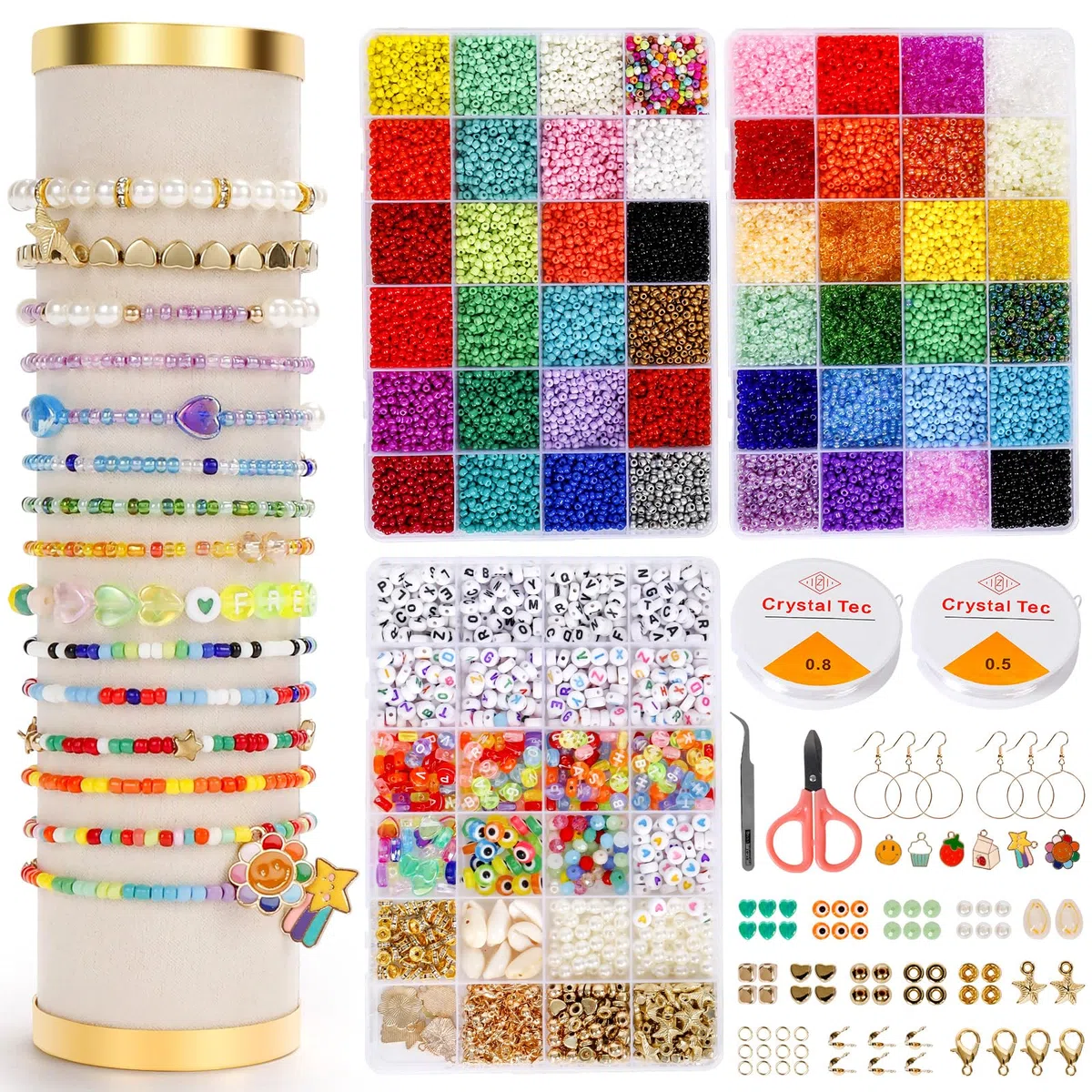 Lannvan 25170PCS Perline per Braccialetti, 48 Colori 3mm Perline di Vetro con Perline Lettere e Altri Accessori, 3 Scatole Kit Braccialetti Fai Da Te, Regali di Compleanno e Natale