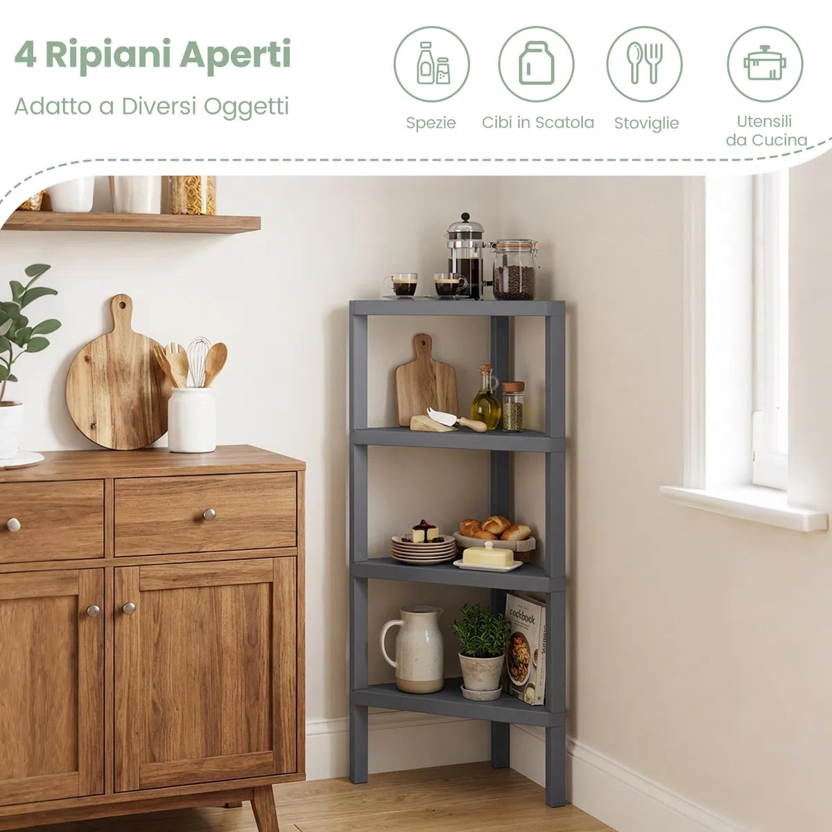 COSTWAY Supporto Scaffale ad Angolo, Libreria ad Angolo a 4 Ripiani con Scaffali a Doghe Aperte, Mensola per Esposizione e Organizzazione per Ufficio Soggiorno Cucina e Bagno (Grigio)
