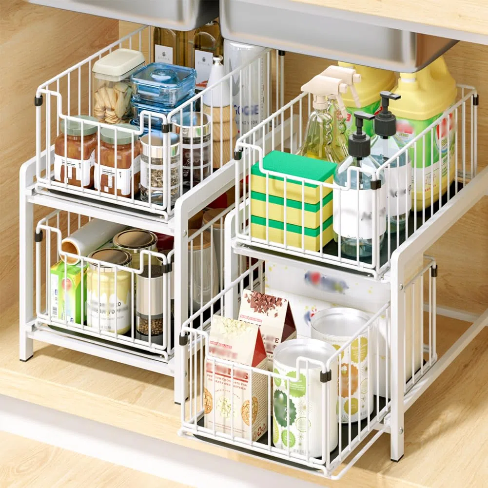 YunNasi Scaffale Sottolavello Portaoggetti con 2 Cestelli Scorrevoli, Organizer Sotto il Lavello, per Bagno, Cucina, Controsoffitto, Mobile (Regolare, BiancoBianco)
