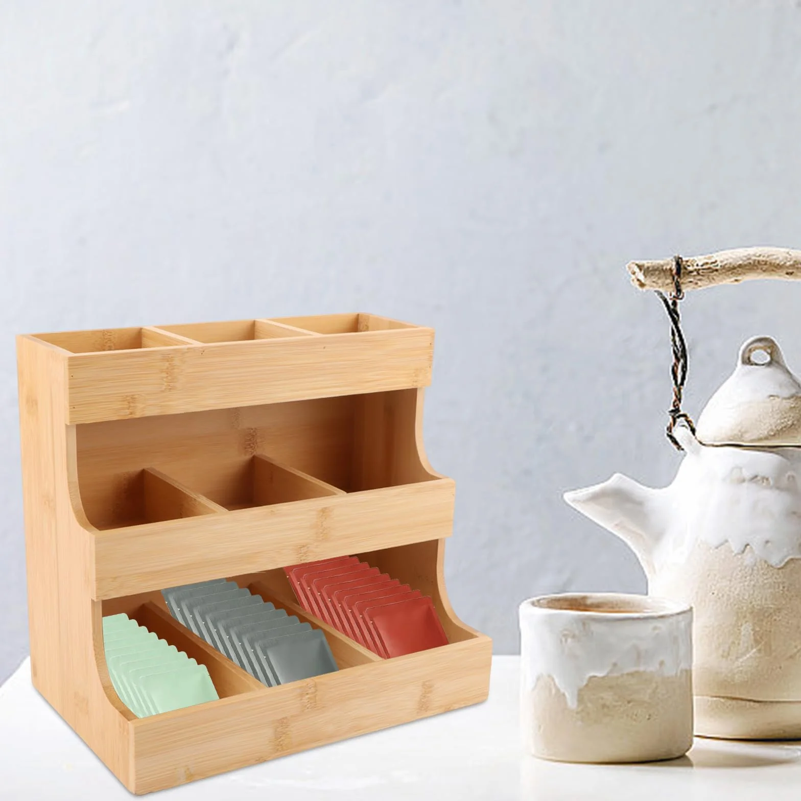 26 x 17 x 24 cm, organizer per bustine da tè in bambù, scatola da tè in legno con 9 scomparti, porta bustine da tè in bambù, porta bustine da tè, organizer verticale