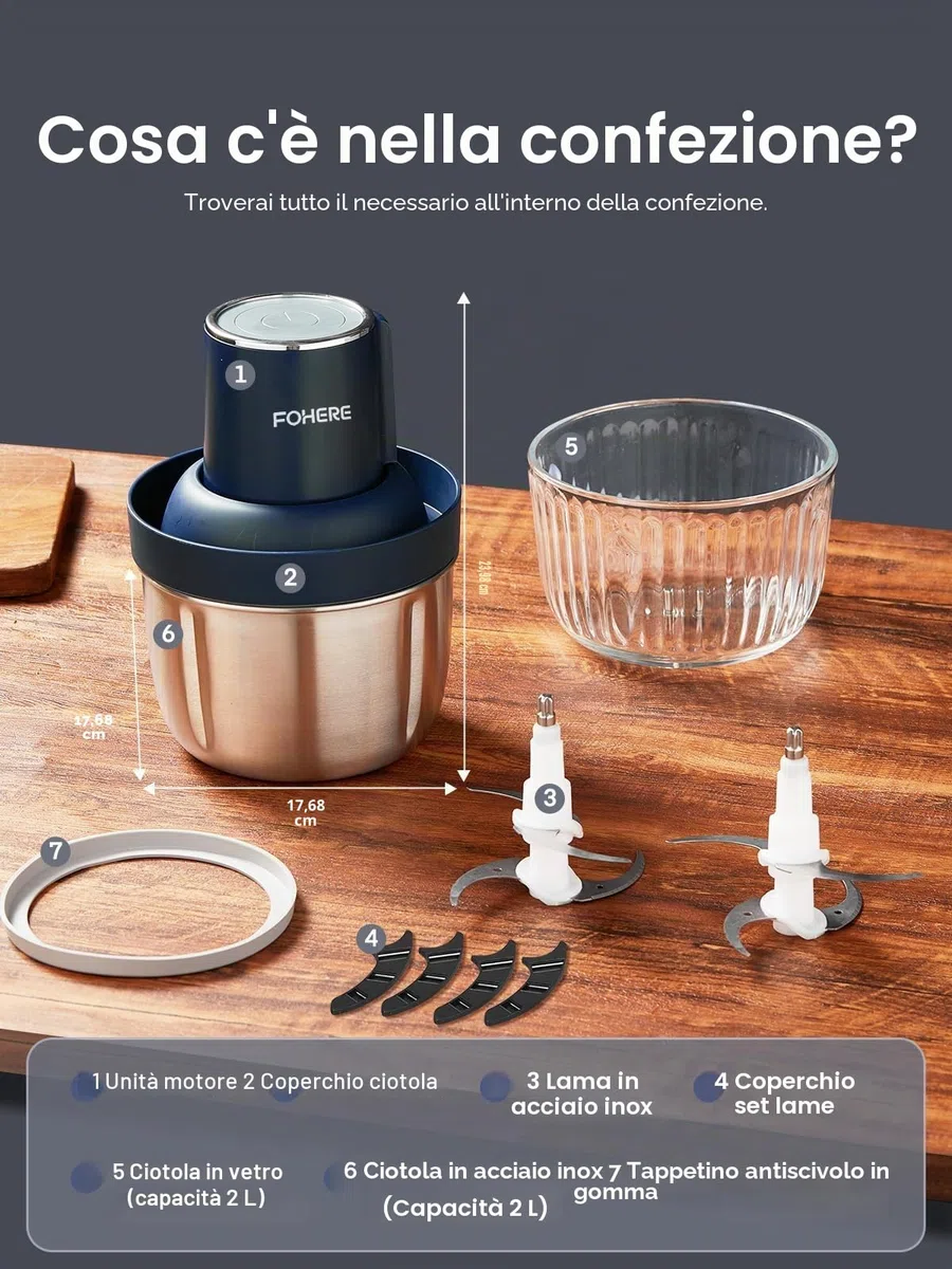 FOHERE 1,8 L+ 2 L Tritatutto da Cucina Elettrico con 2 Ciotole, 300W Frullatore Tritatutto Multifunzione, 2 Lame a due Livelli per Carne Verdura e Frutta, Blu