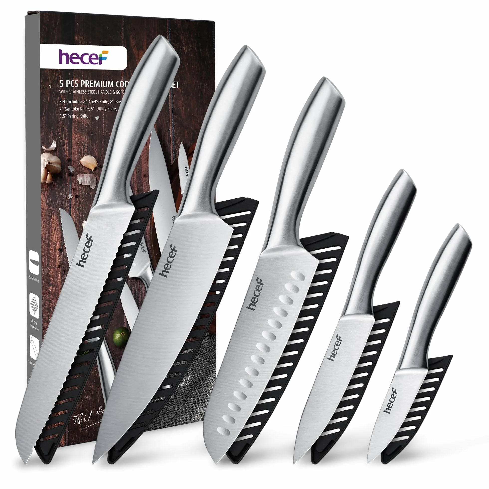 hecef Set Coltelli da Cucina Professionali, Tutti in Acciaio Inox Argento, Coltello da Chef, 5 Pezzi Coltello da Cucina e 5 Pezzi Foderi per Coltelli