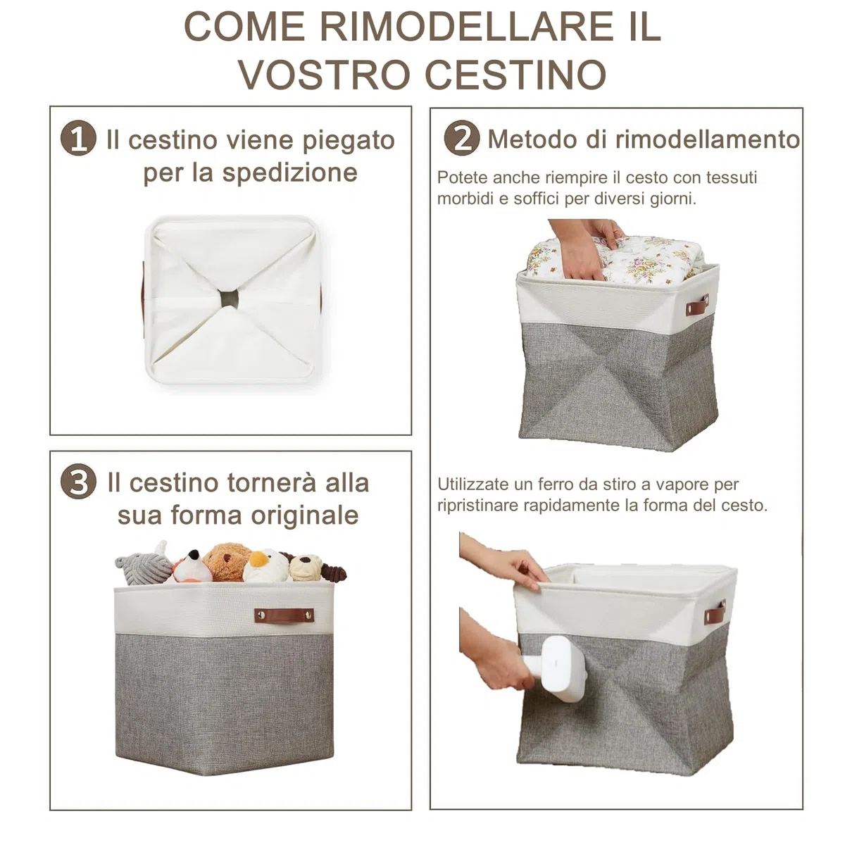 Scatola Portaoggetti In Tessuto 33x38x33cm, Set di 4 Cestini Cubici per Armadio, Ccaffale e Vestiti, Grigio&Bianco