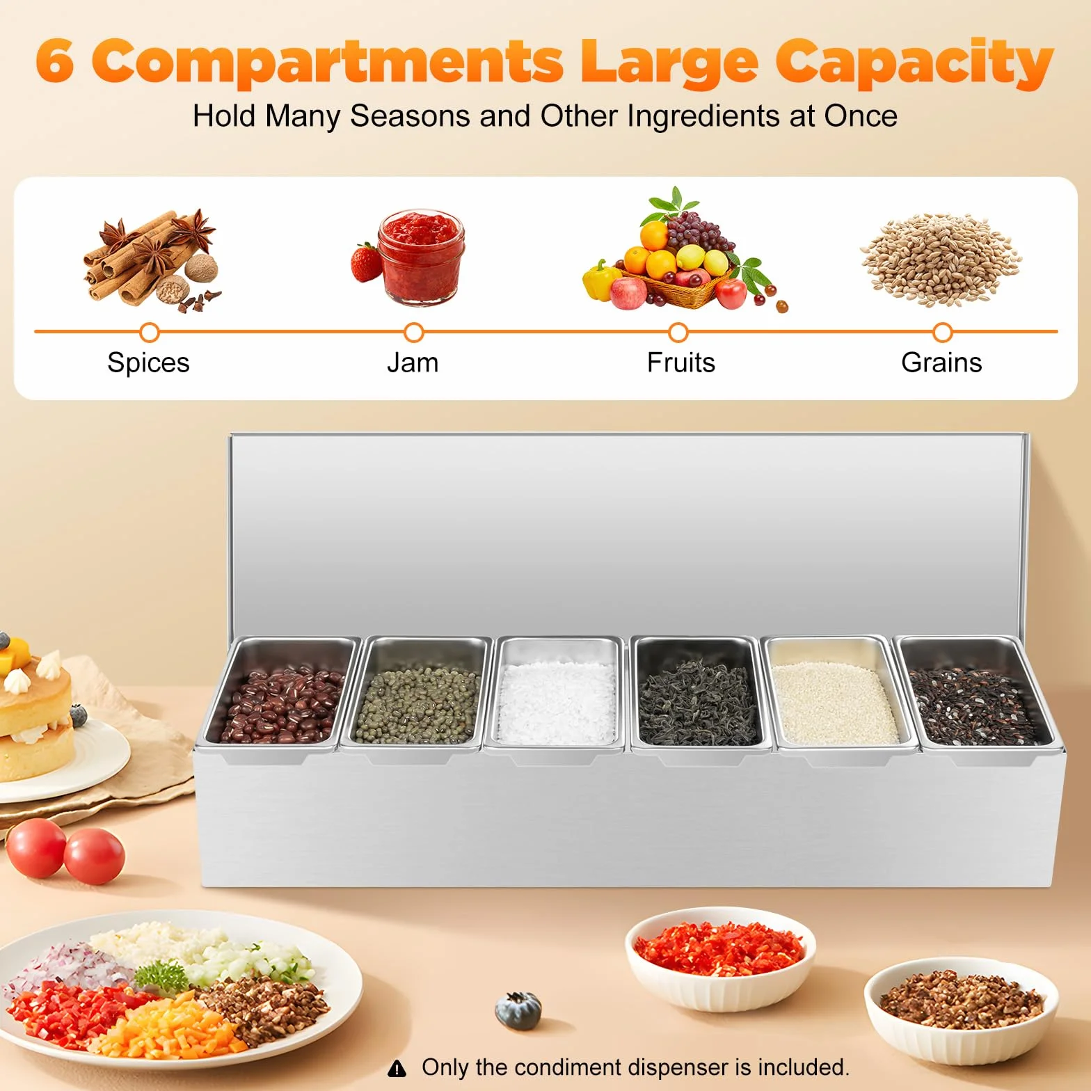 Madelynn Contenitore per ingredienti per pizza, 6 scomparti, in acciaio inox, 46 x 15 x 9 cm, rettangolare, in acciaio inox, design pieghevole, con fondo piatto, per cucine private, ristoranti