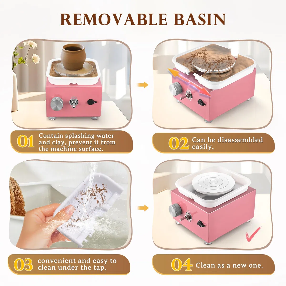 Tornio per Ceramica, Kooeuru Tornio per Argilla 2000 giri/min Velocità Regolabile con Piastre da 10/6,5 cm, Strumenti di Modellatura e Vasca Rimovibile, Tornio Ceramica per Bambini e Adulti, Rosa