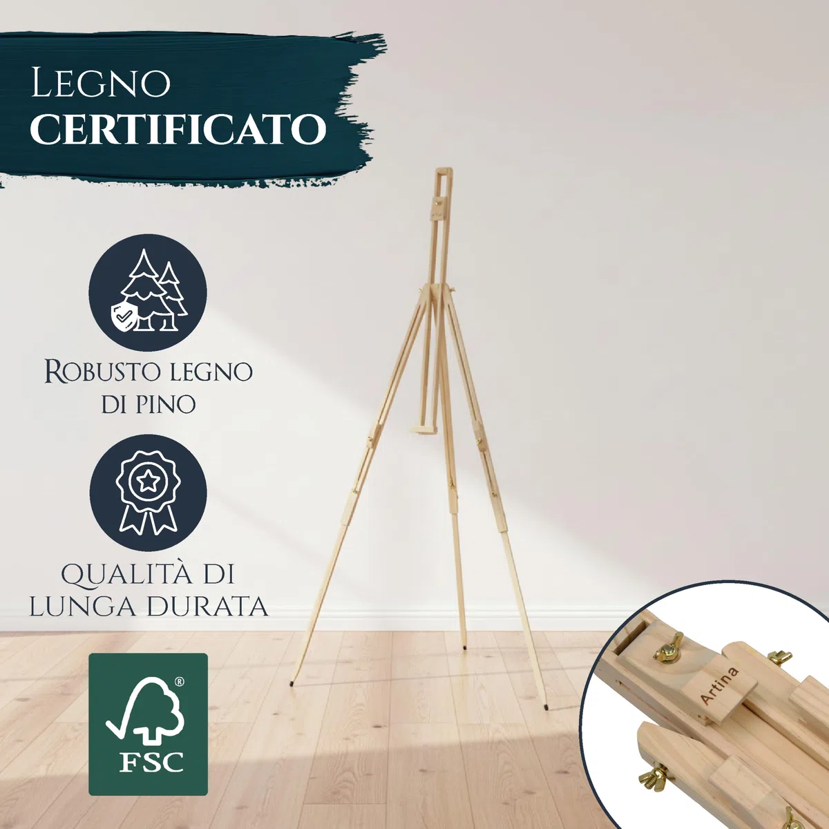 Artina Cavalletto Pittura da Campagna Malaga per artisti pittori Accademia Belle Arti Legno massello di Pino Portatile Stabile e Robusto - Cavalletto per dipingere e disegnare Professionale da Studio
