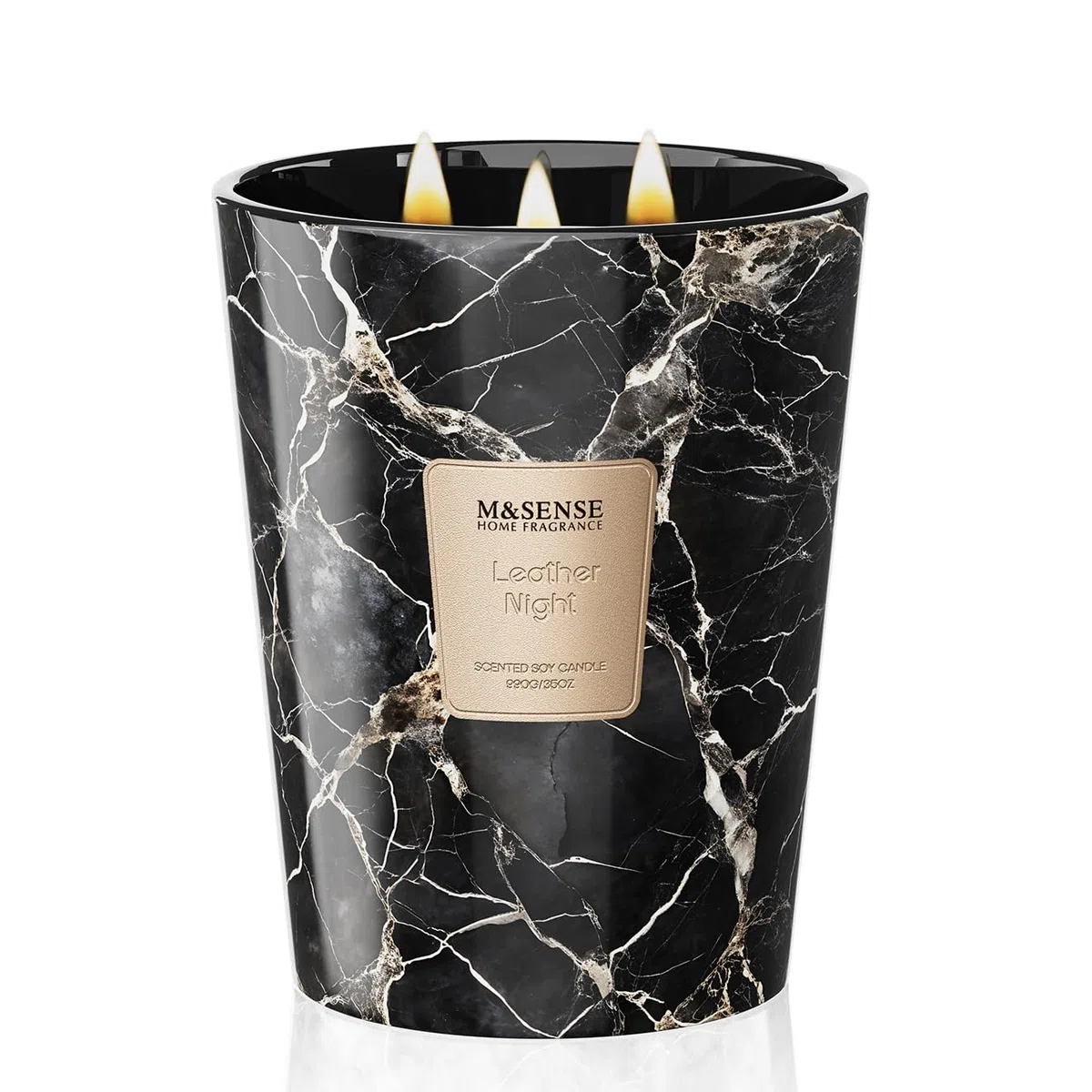 M&SENSE Candela Profumata Grandi 990g Notte Cuoio, 3 Stoppini 150H Dura, Naturali Cera di Soia Non Tossico Candele, Marmo Vetro Room Decor, Regalo di Lusso per Donne/Natale, Home Scented Oversize