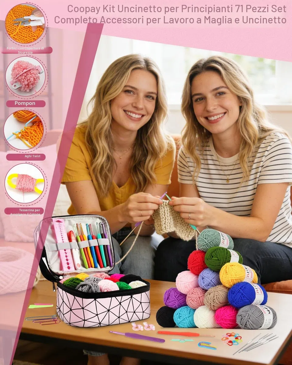 Coopay - Kit per uncinetto principiante, completo con 16 gomitoli di lana, 2 tipi di ganci 0,6-6,0 mm, borsa per riporre accessori per uncinetto a maglia, regalo per ragazza, famiglia, amici, rosa