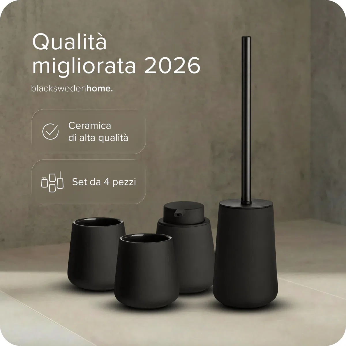 Black Sweden Home Set Bagno Accessori Completo - Ceramica di Alta Qualità - Dispenser Sapone, 2 Bicchieri, Spazzola WC Rimovibile - Design Nordico Nero Opaco con Rivestimento in Gomma - 4 pezzi