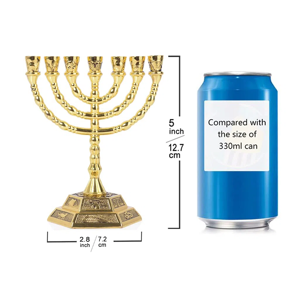 BRTAGG Menorah Candeliere ebraico, 12 tribù d'Israele, 7 rami, altezza 13 cm, oro