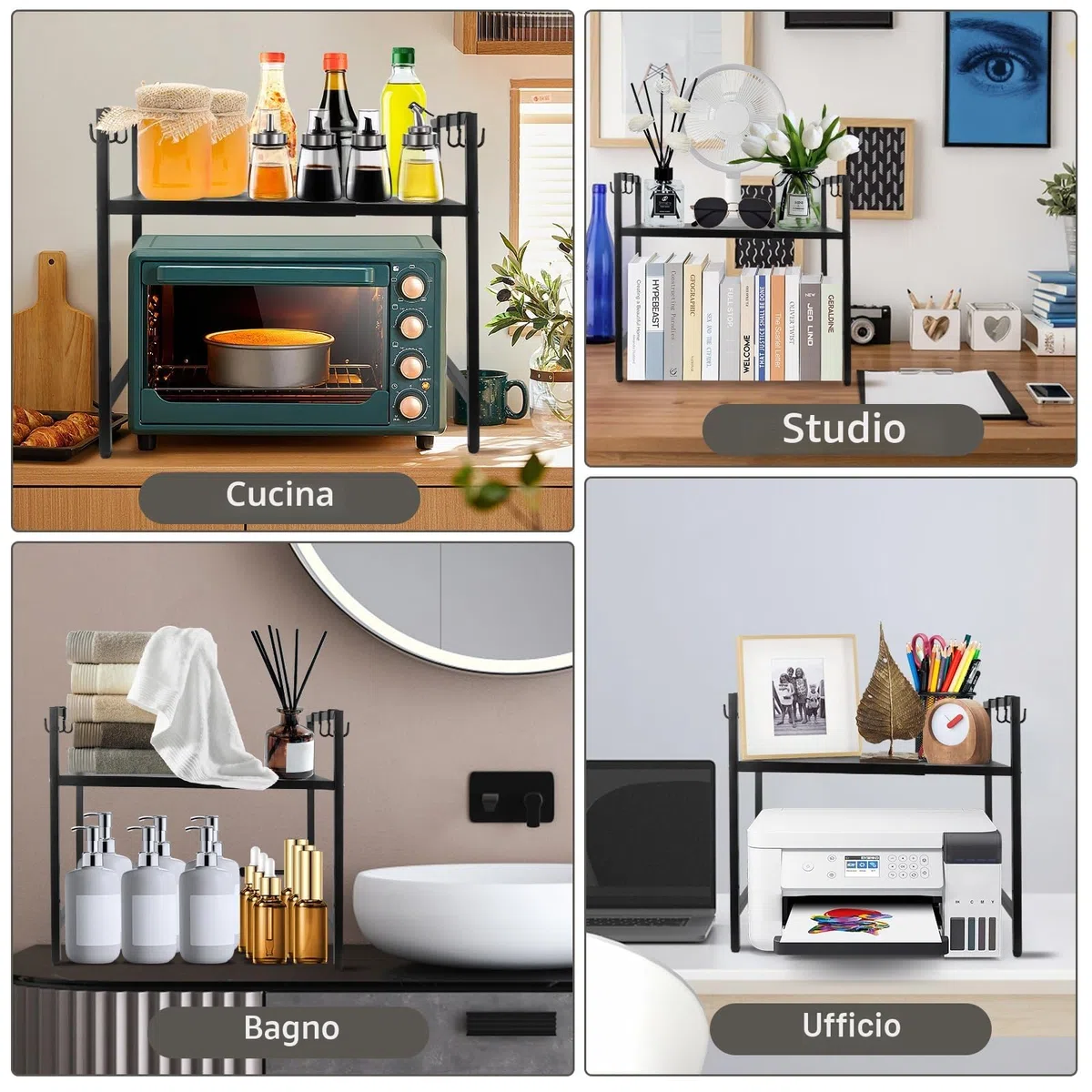 MXTIMWAN Supporto per Microonde Allungabile 2 Livelli, Cucina Counter Ripiano Microonde con 6 Ganci, Mensola Cucina per Mettere Piatti e Ciotole, 40-64cm, Nero