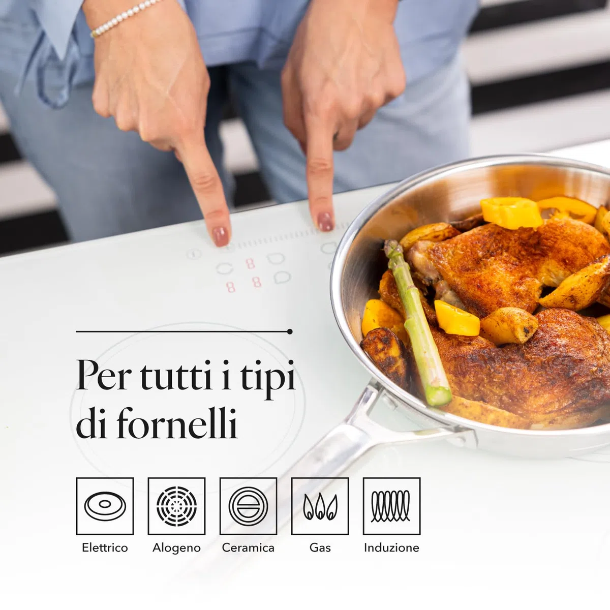 Florina Padella in acciaio inox LUCIDA | 28 CM | 3 strati | Nucleo in alluminio | Adatta al forno | Manico ergonomico | Finitura a specchio | Per tutti i piani cottura