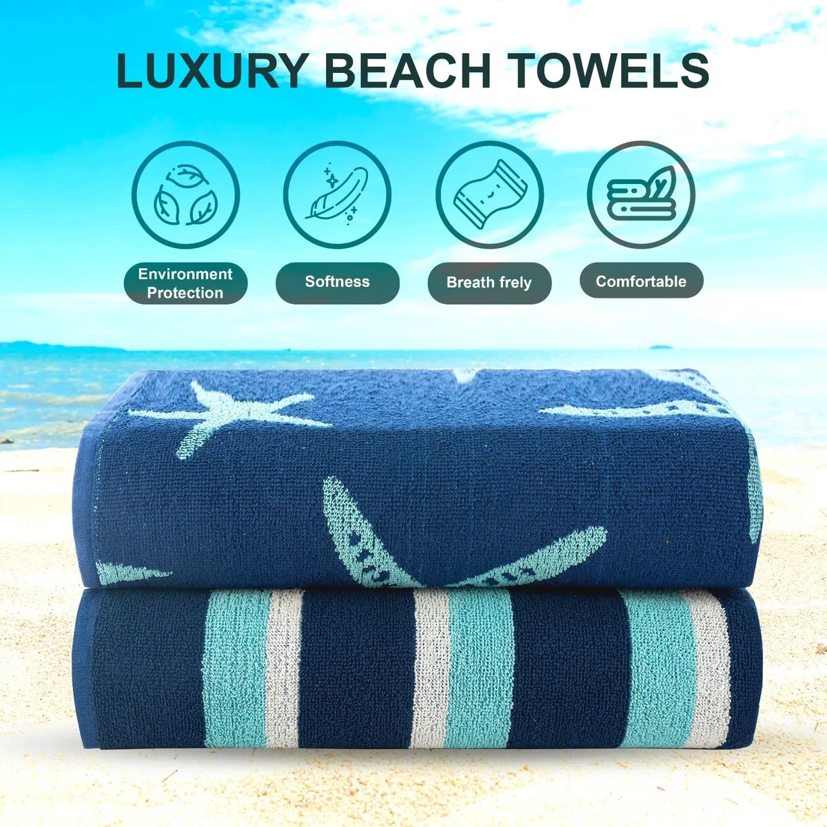 Casa Copenhagen Miami Teli da Spiaggia, Set Regalo da 2 Pezzi – Stelle Marine a Righe Blu Navy e Turchesi, Teli Piscina Extra-Large 75x150cm, 100% Cotone(Set Regalo Estivo Perfetto per Donne e Uomini)